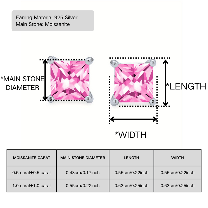 Stylish Princess Cut Pink Synthetic Moissanite Stud Earrings